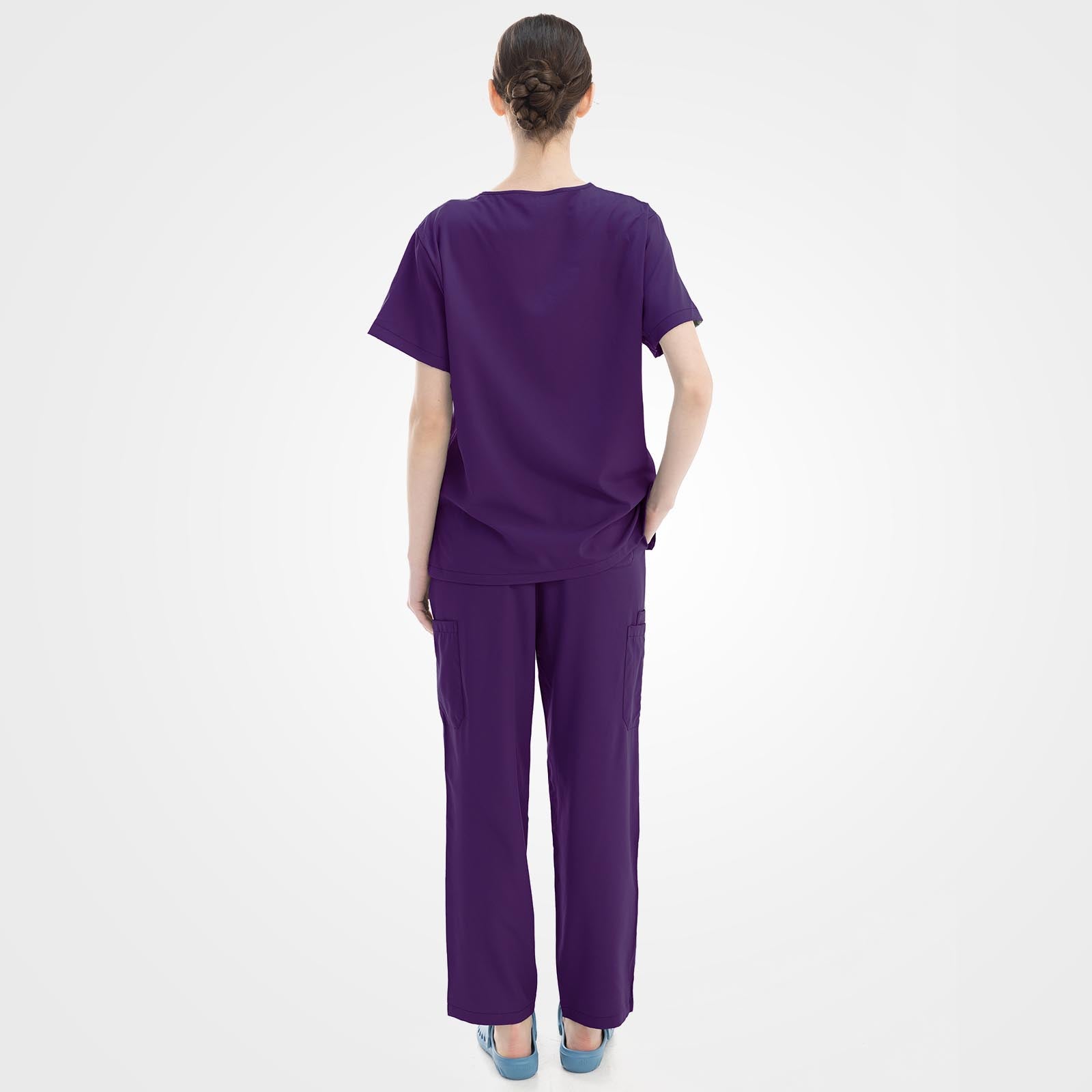 Back view of wrinkle-resistant grape medical uniform for nurses