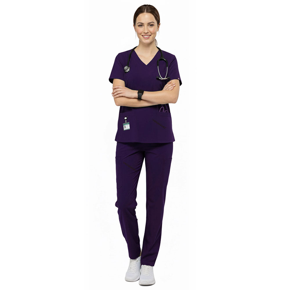 Senior medical staff wearing Grape performance scrubs ready for hospital administration
