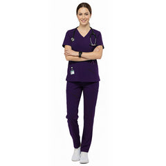 Senior medical staff wearing Grape performance scrubs ready for hospital administration