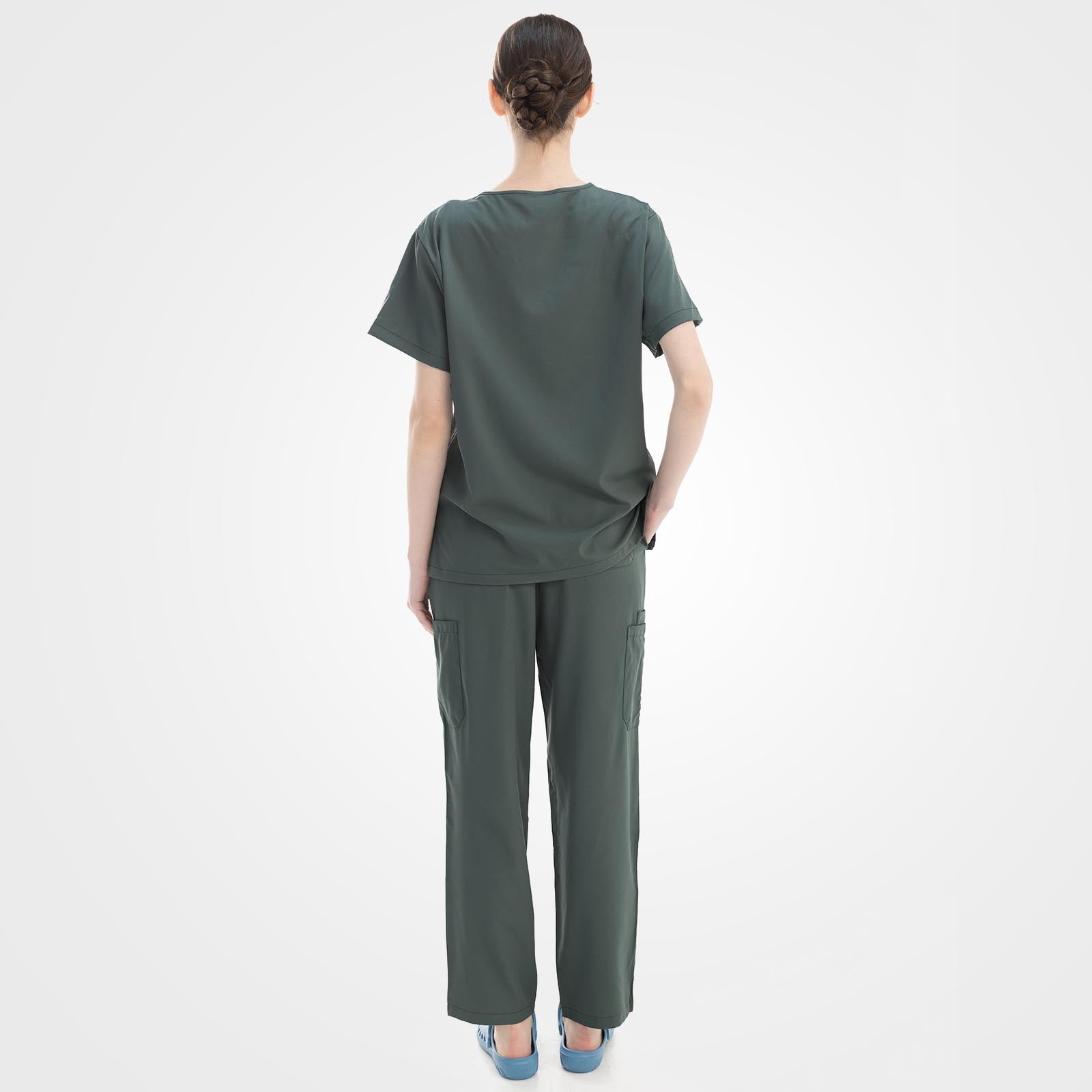 Back view of wrinkle-resistant teal medical uniform