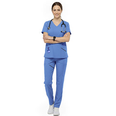 Registered Nurse wearing Royal Blue performance scrubs ready for hospital rounds
