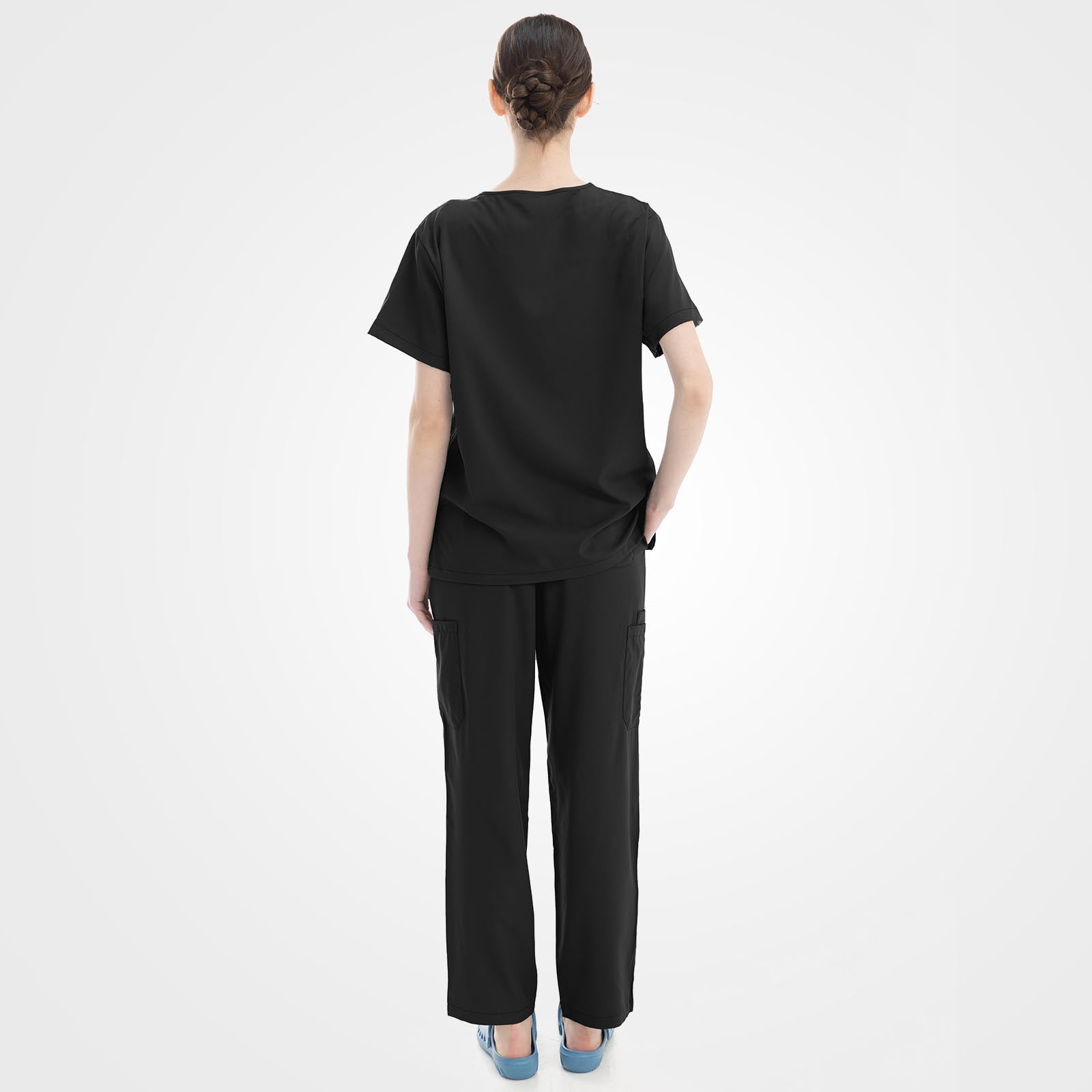 Black medical scrub set back view shape memory fabric