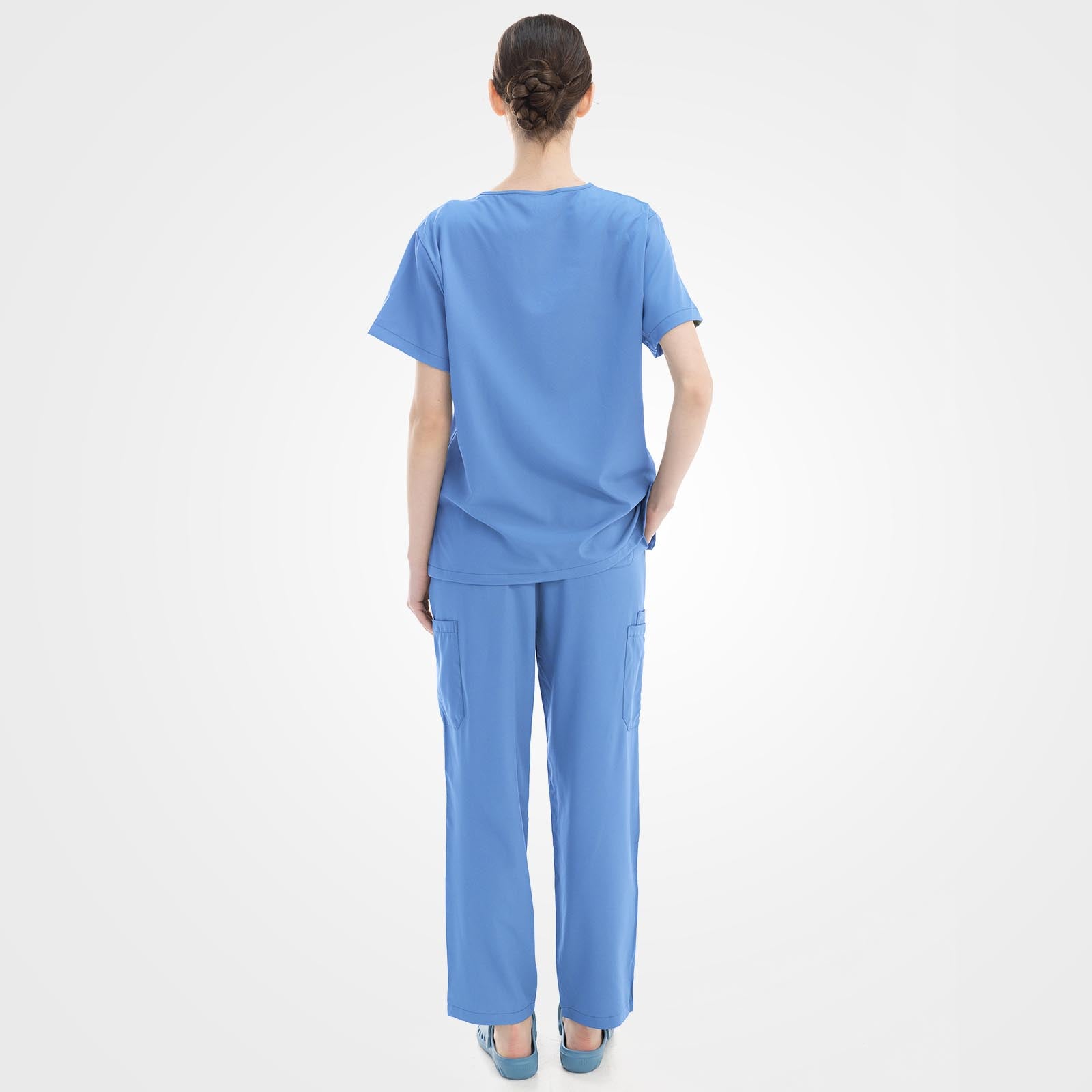 Back view of wrinkle-resistant ceil blue medical uniform