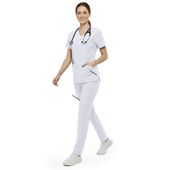 Nurse reaching into chest pocket of White V-neck scrub top, demonstrating easy access to pens and notes