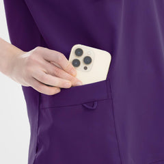 Double layer cargo pocket on grape purple straight leg scrub pants