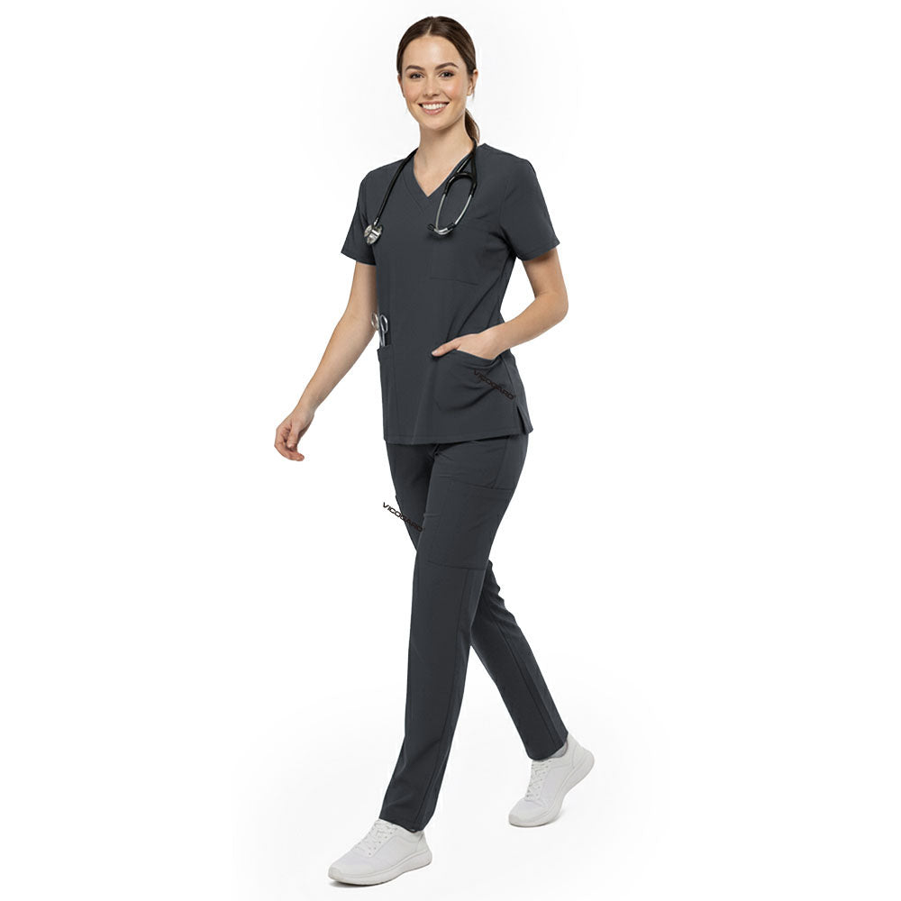 Nurse reaching into chest pocket of Gray V-neck scrub top, demonstrating easy access to pens