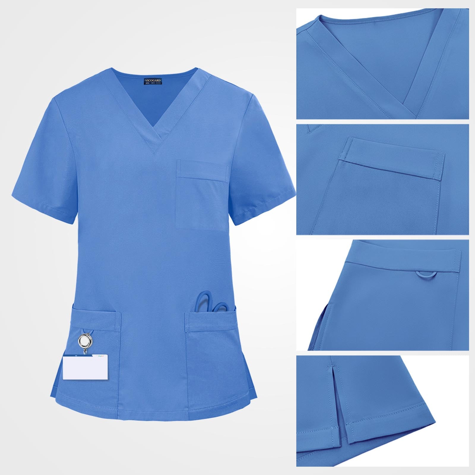 Ceil blue scrub top chest pocket with integrated D-ring loop