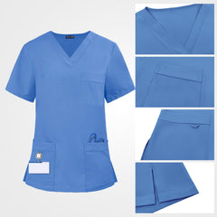 Ceil blue scrub top chest pocket with integrated D-ring loop