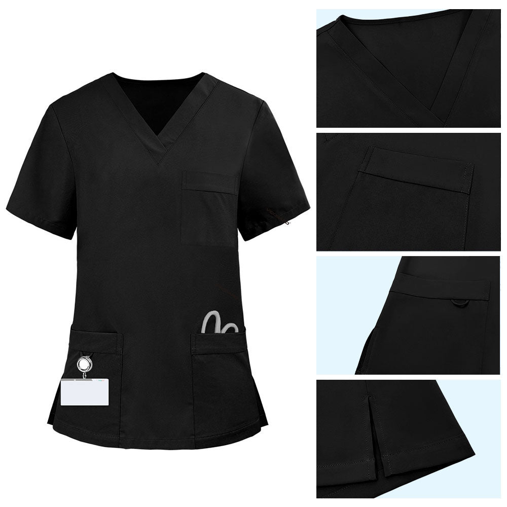 Detail of Black scrub top pocket with functional bungee loop for hanging keys or ID badges