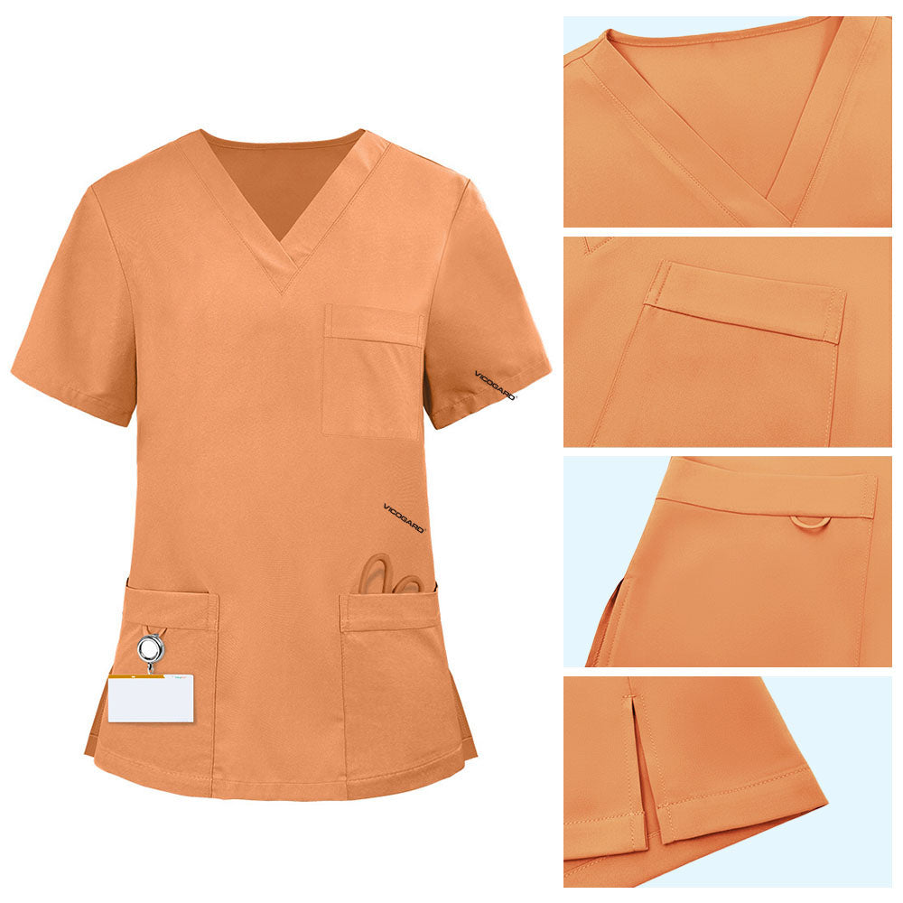 Detail of Orange scrub top pocket with functional bungee loop for hanging trauma shears or ID