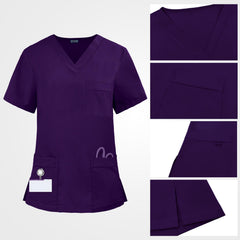 Grape scrub top chest pocket with integrated D-ring loop