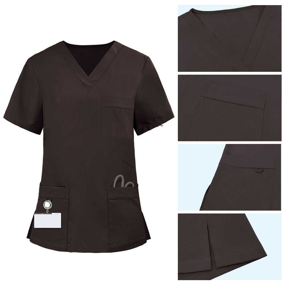 Detail of Chocolate scrub top pocket with functional bungee loop for hanging clickers or IDs