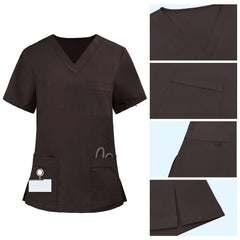 Detail of Chocolate scrub top pocket with functional bungee loop for hanging clickers or IDs