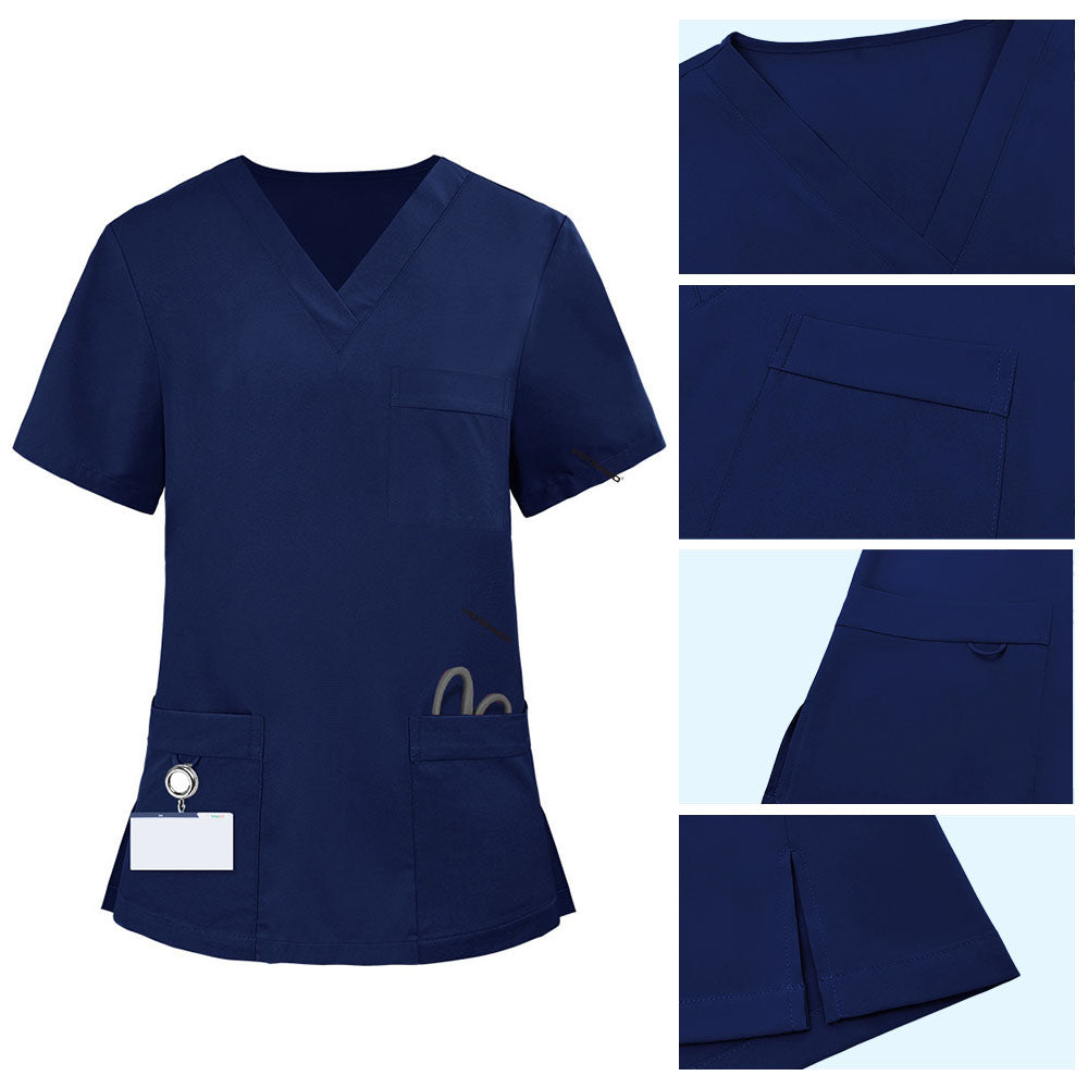 Detail of Galaxy Blue scrub top pocket with functional bungee loop for hanging keys or ID badges