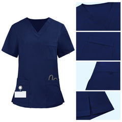 Detail of Galaxy Blue scrub top pocket with functional bungee loop for hanging keys or ID badges