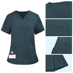 Detail of Turquoise scrub top pocket with functional bungee loop for hanging keys or IDs