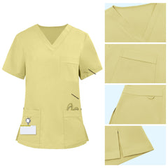 Detail of Cream Yellow scrub top pocket with functional bungee loop for hanging toys or IDs