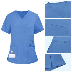 Detail of Royal Blue scrub top pocket with functional bungee loop for hanging trauma shears