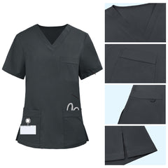Detail of Gray scrub top pocket with functional bungee loop for hanging keys or ID badges