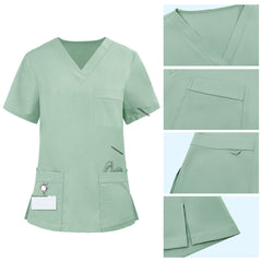 Detail of Avocado Green scrub top pocket with functional bungee loop for hanging clickers or IDs