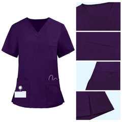 Detail of Grape scrub top pocket with functional bungee loop for hanging keys or ID badges