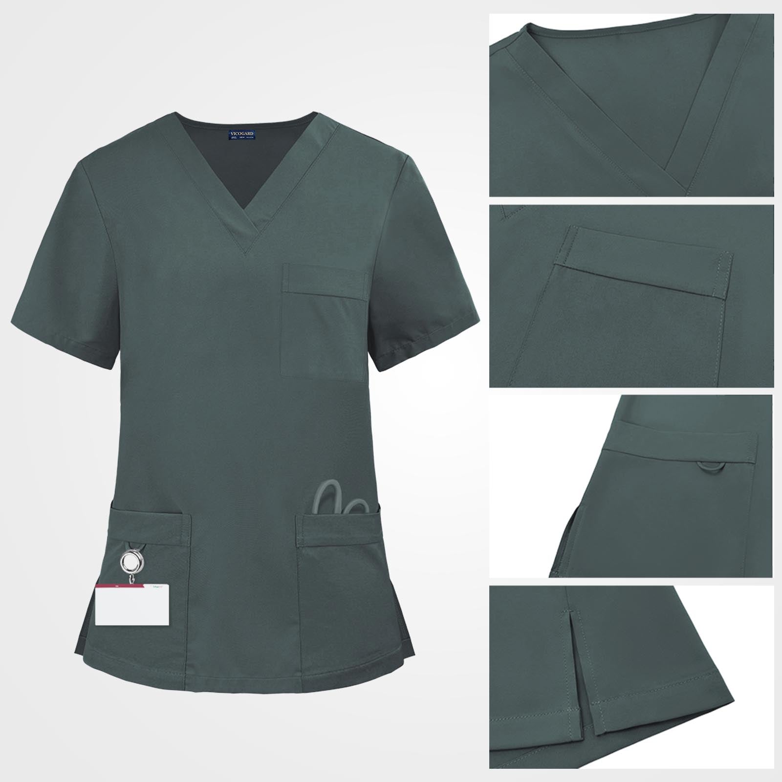 Turquoise scrub top chest pocket with integrated ID D-ring