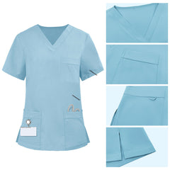 Detail of Marine Blue scrub top pocket with functional bungee loop for hanging ID badges