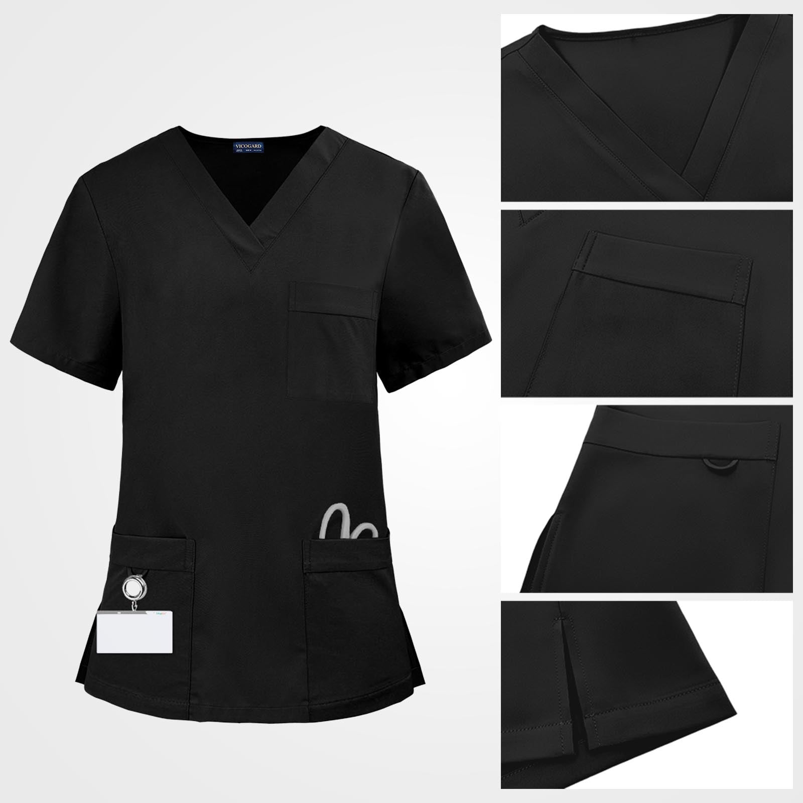 Deep V-neck scrub top with chest pocket and D-ring detail