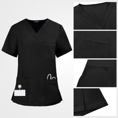 Deep V-neck scrub top with chest pocket and D-ring detail