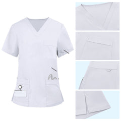 Detail of White scrub top pocket with functional bungee loop for hanging ID badges or keys