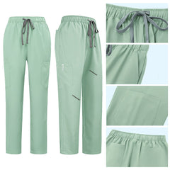 Detail of Avocado Green straight leg pants showing elastic waistband and multi-pocket cargo design