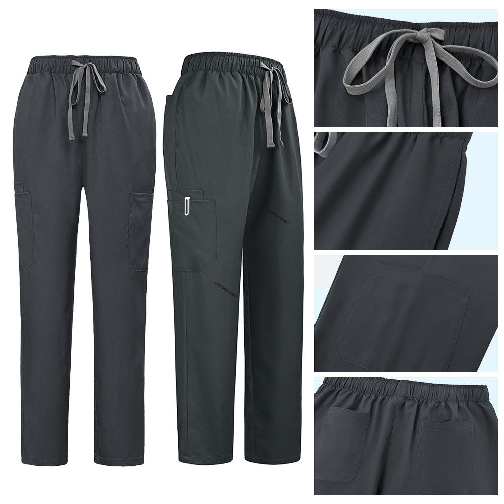 Detail of Gray straight leg pants showing elastic waistband and multi-pocket cargo design