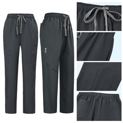 Detail of Gray straight leg pants showing elastic waistband and multi-pocket cargo design