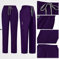 Adjustable drawstring and elastic waistband on grape scrub pants