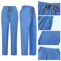 Detail of Royal Blue straight leg pants showing elastic waistband and multi-pocket cargo design