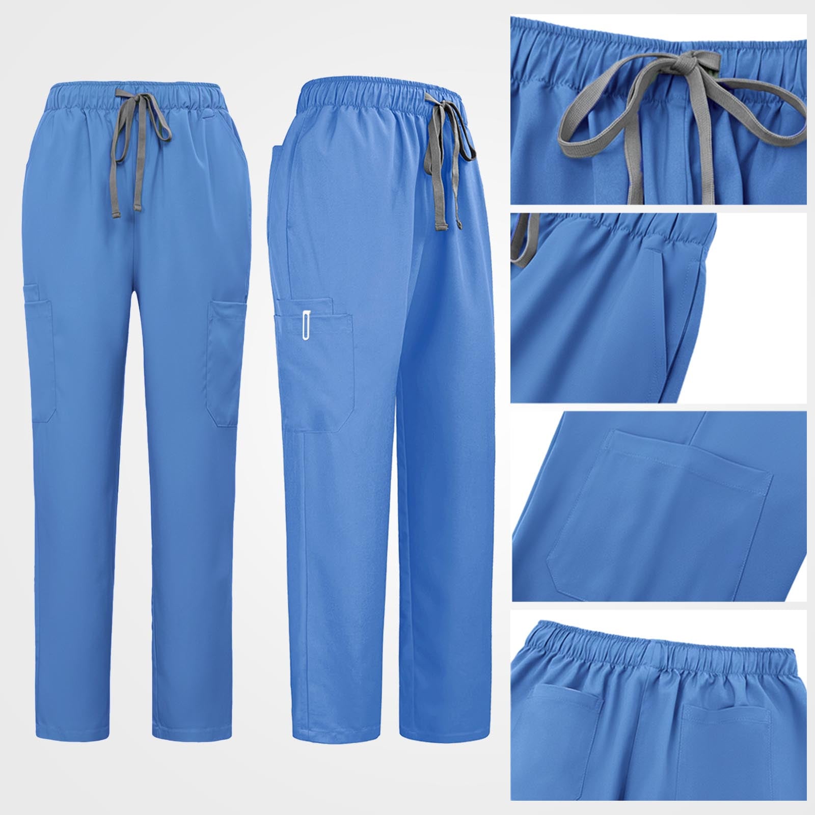 Adjustable drawstring and elastic waistband on ceil blue scrub pants