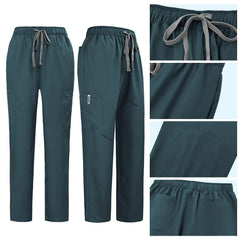 Detail of Turquoise straight leg pants showing elastic waistband and multi-pocket cargo design