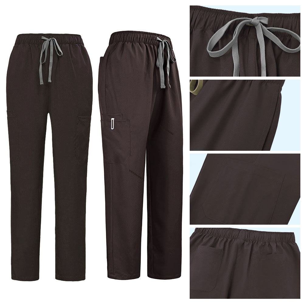 Detail of Chocolate straight leg pants showing elastic waistband and multi-pocket cargo design