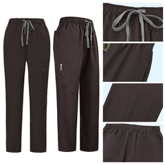 Detail of Chocolate straight leg pants showing elastic waistband and multi-pocket cargo design