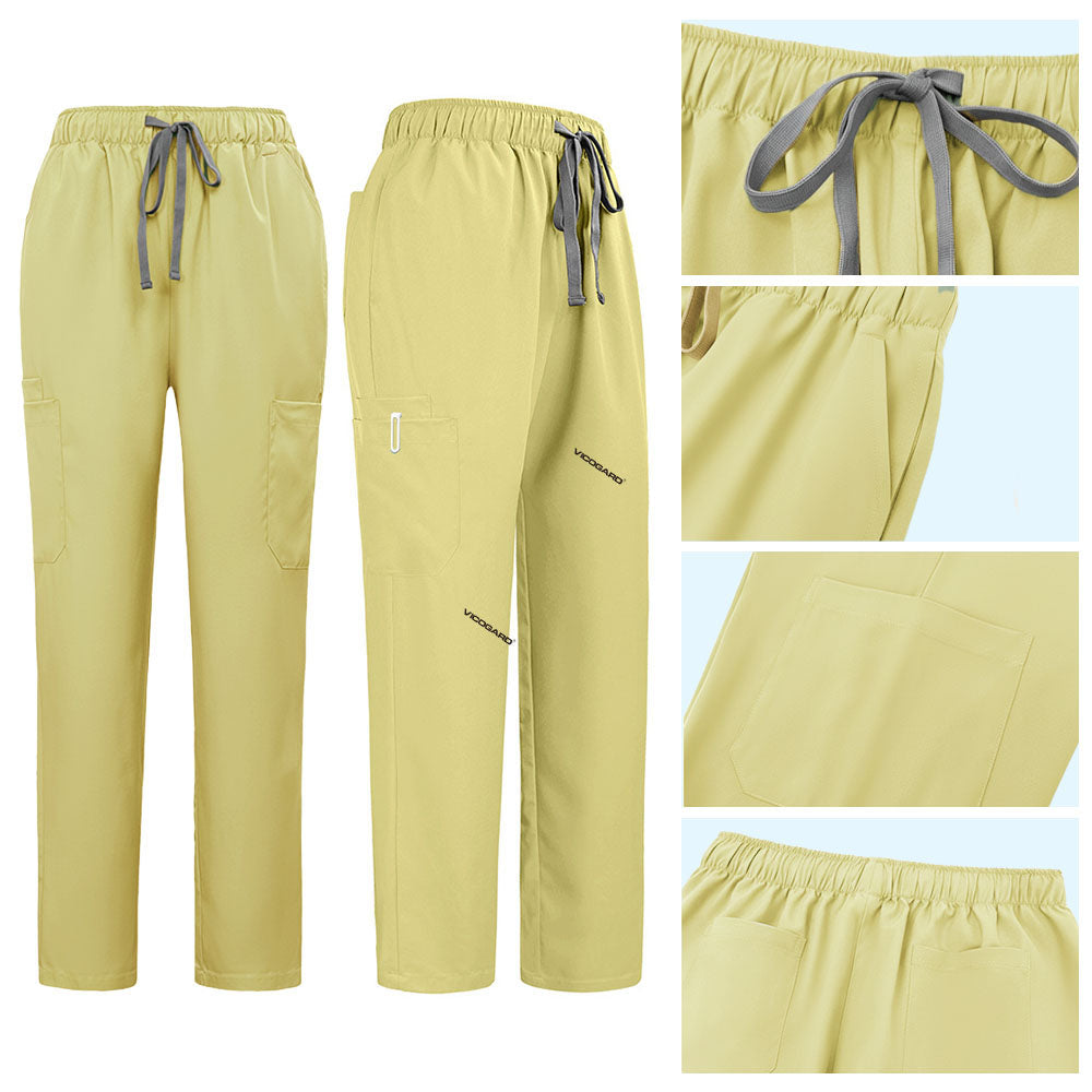 Detail of Cream Yellow straight leg pants showing elastic waistband and multi-pocket cargo design