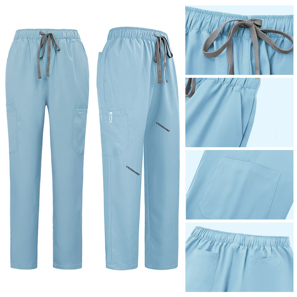 Detail of Marine Blue straight leg pants showing elastic waistband and multi-pocket cargo design