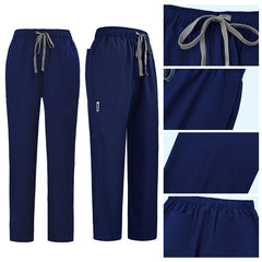 Detail of Galaxy Blue straight leg pants showing elastic waistband and multi-pocket cargo design