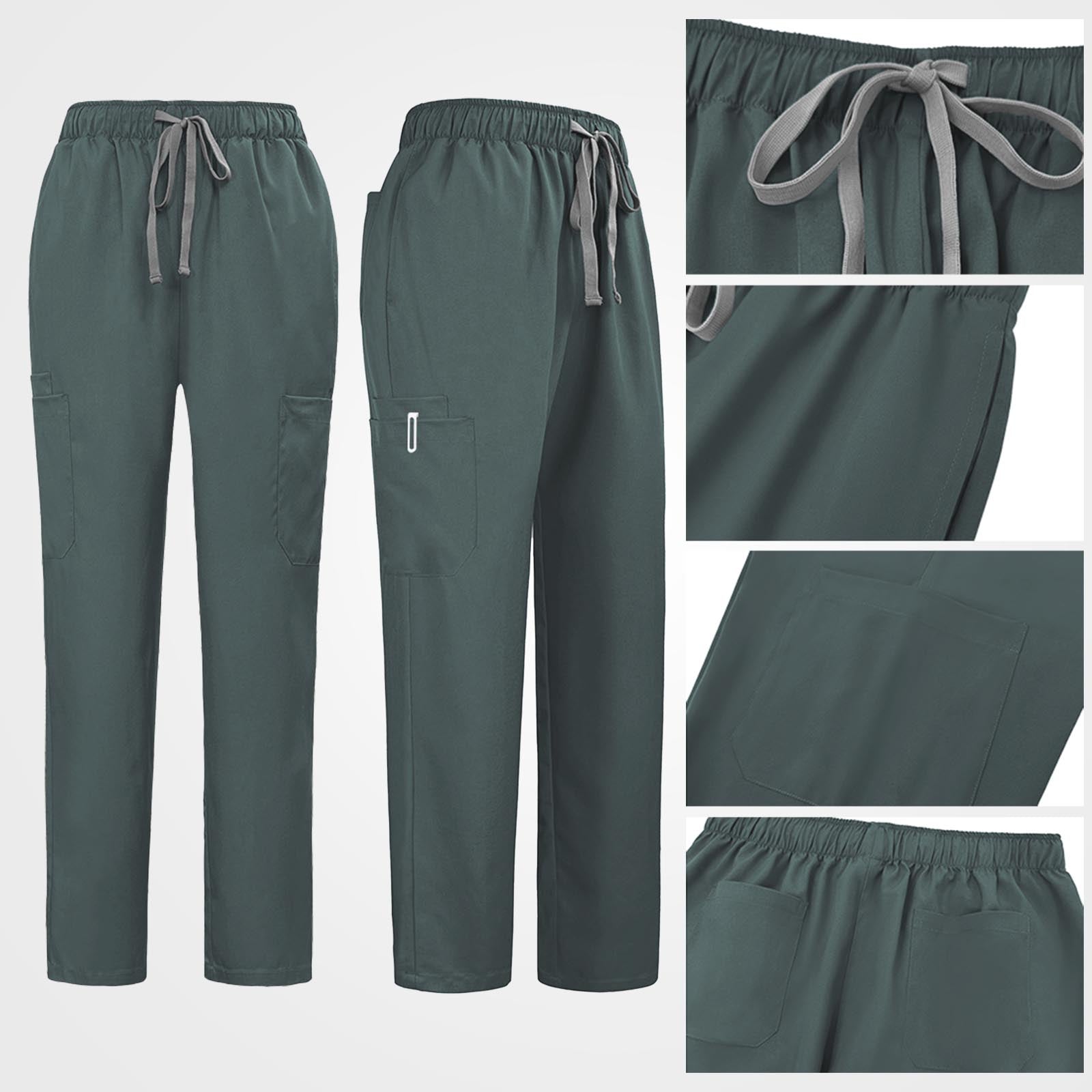 Adjustable drawstring and elastic waistband on teal scrub pants
