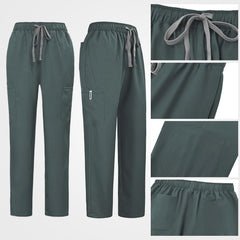 Adjustable drawstring and elastic waistband on teal scrub pants