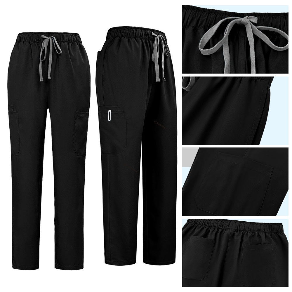 Detail of Black straight leg pants showing elastic waistband and multi-pocket cargo design