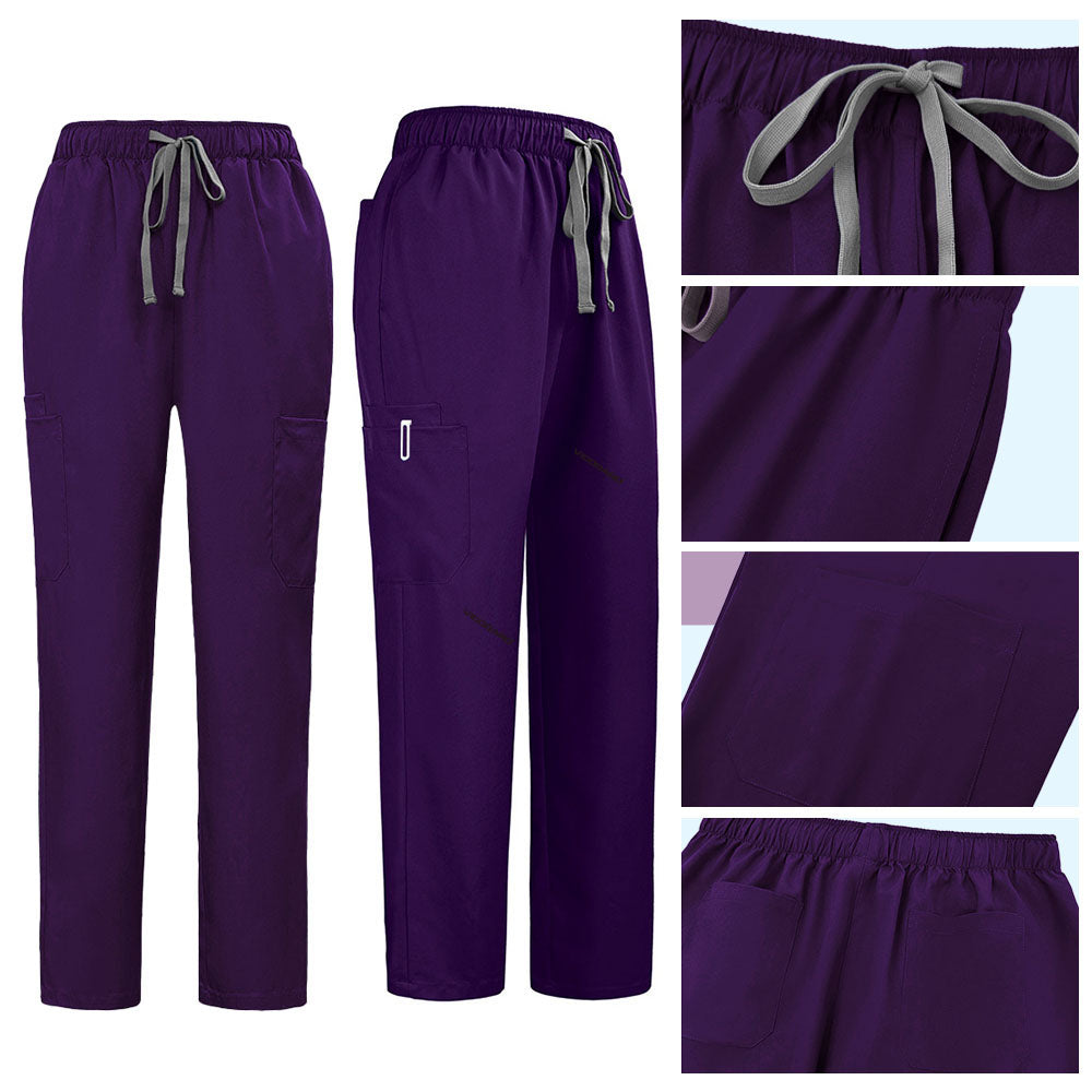 Detail of Grape straight leg pants showing elastic waistband and multi-pocket cargo design