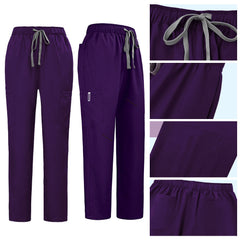 Detail of Grape straight leg pants showing elastic waistband and multi-pocket cargo design