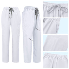 Detail of White straight leg pants showing elastic waistband and multi-pocket cargo design