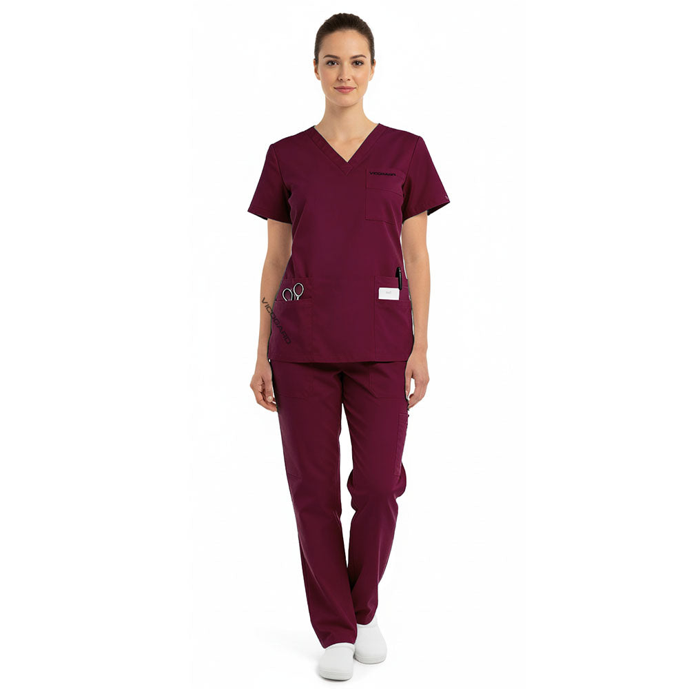Model wearing the sophisticated vicogard Pro Custom Unisex Scrub Set in Burgundy