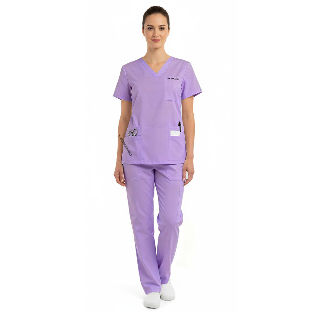 Front model view of the vicogard Pro Custom Unisex Scrub Set in rich Purple;